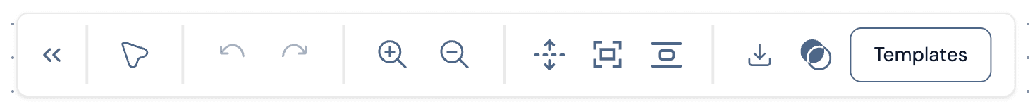 Bottom toolbar interface showing undo/redo, zoom controls, fullscreen toggle, selection tools, comment system, and download options with intuitive icons and labels
