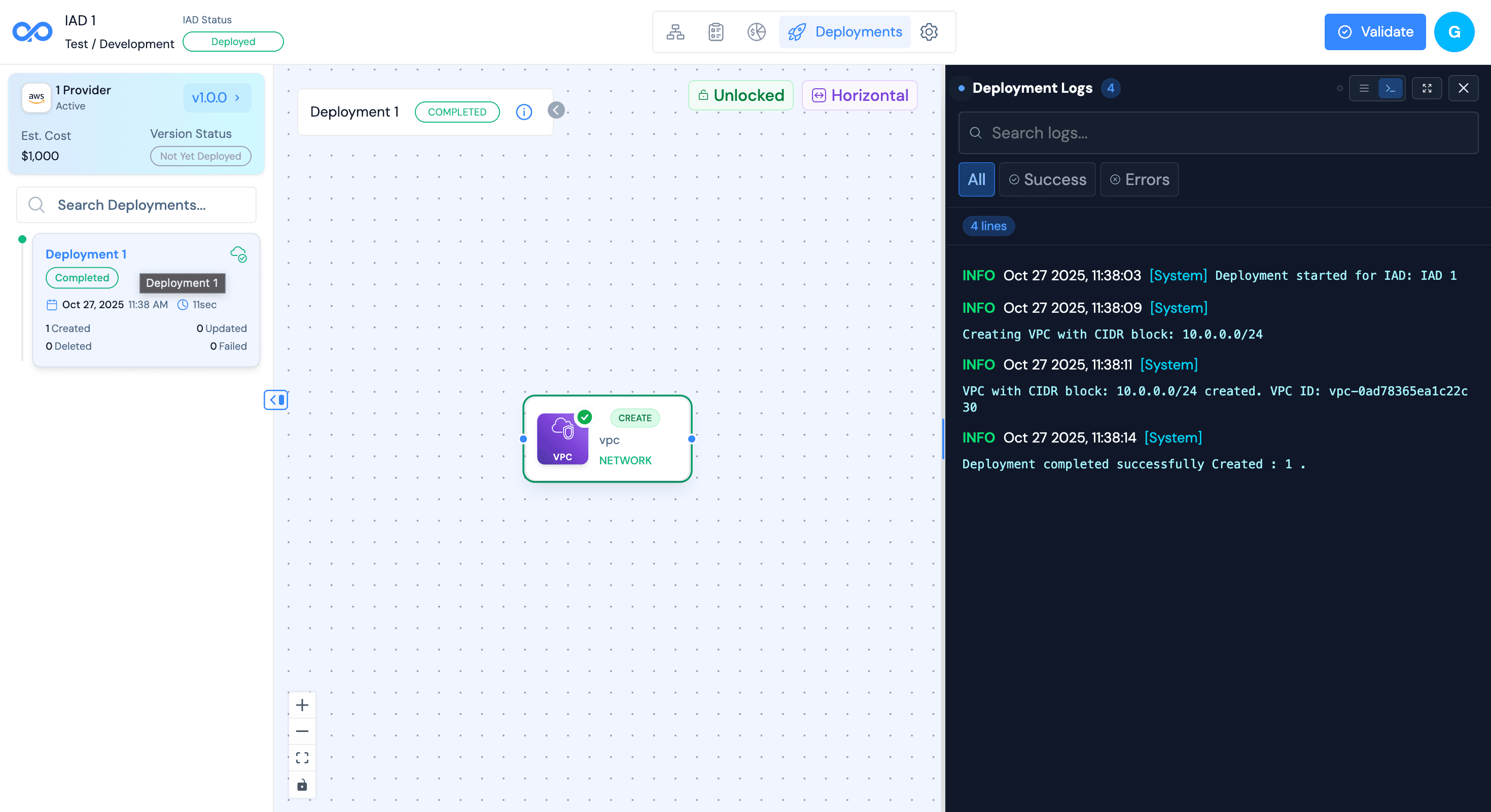 Successful deployment completion screen showing all resources created