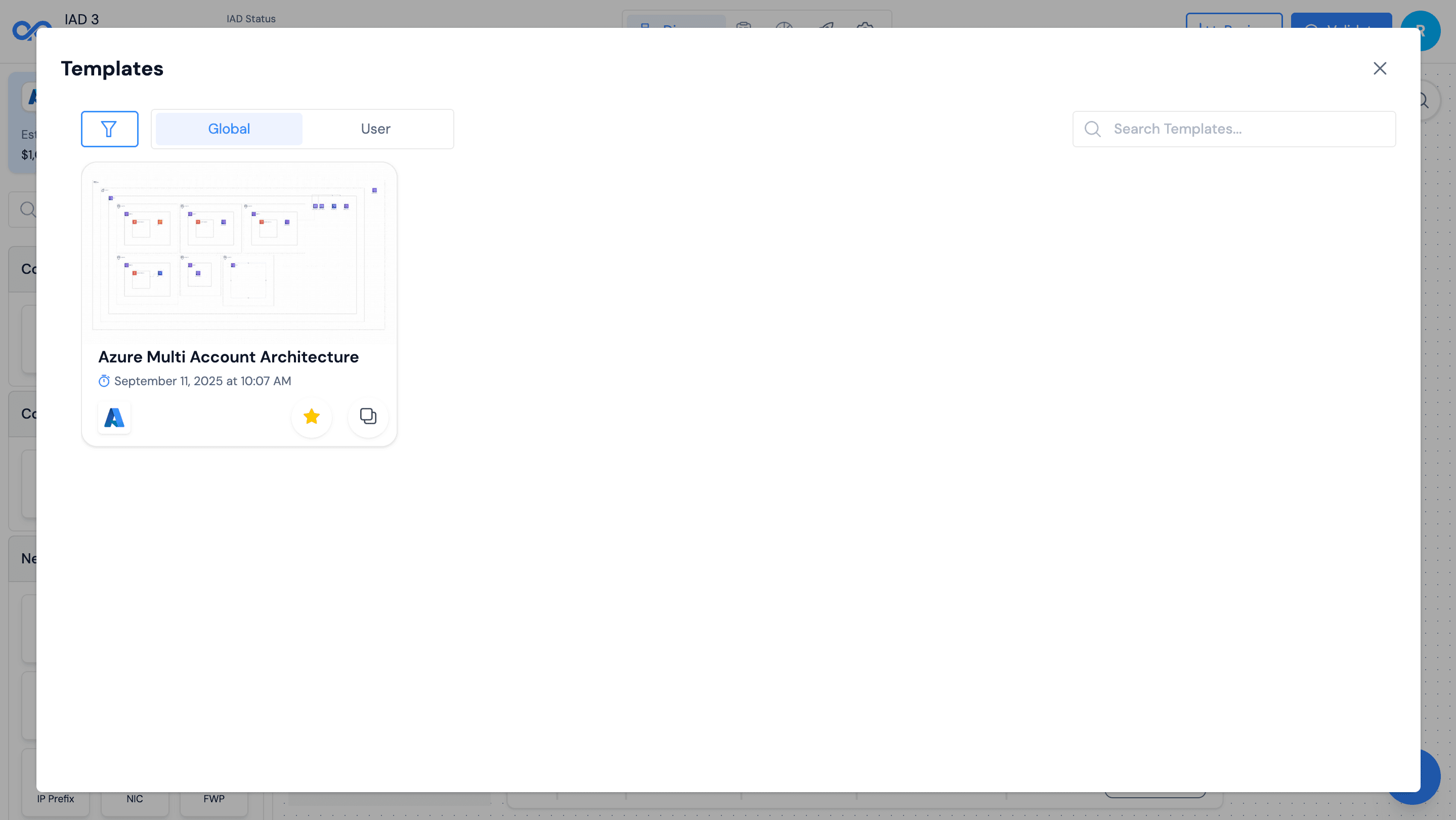 Template browser showing Global and User templates with favorites functionality