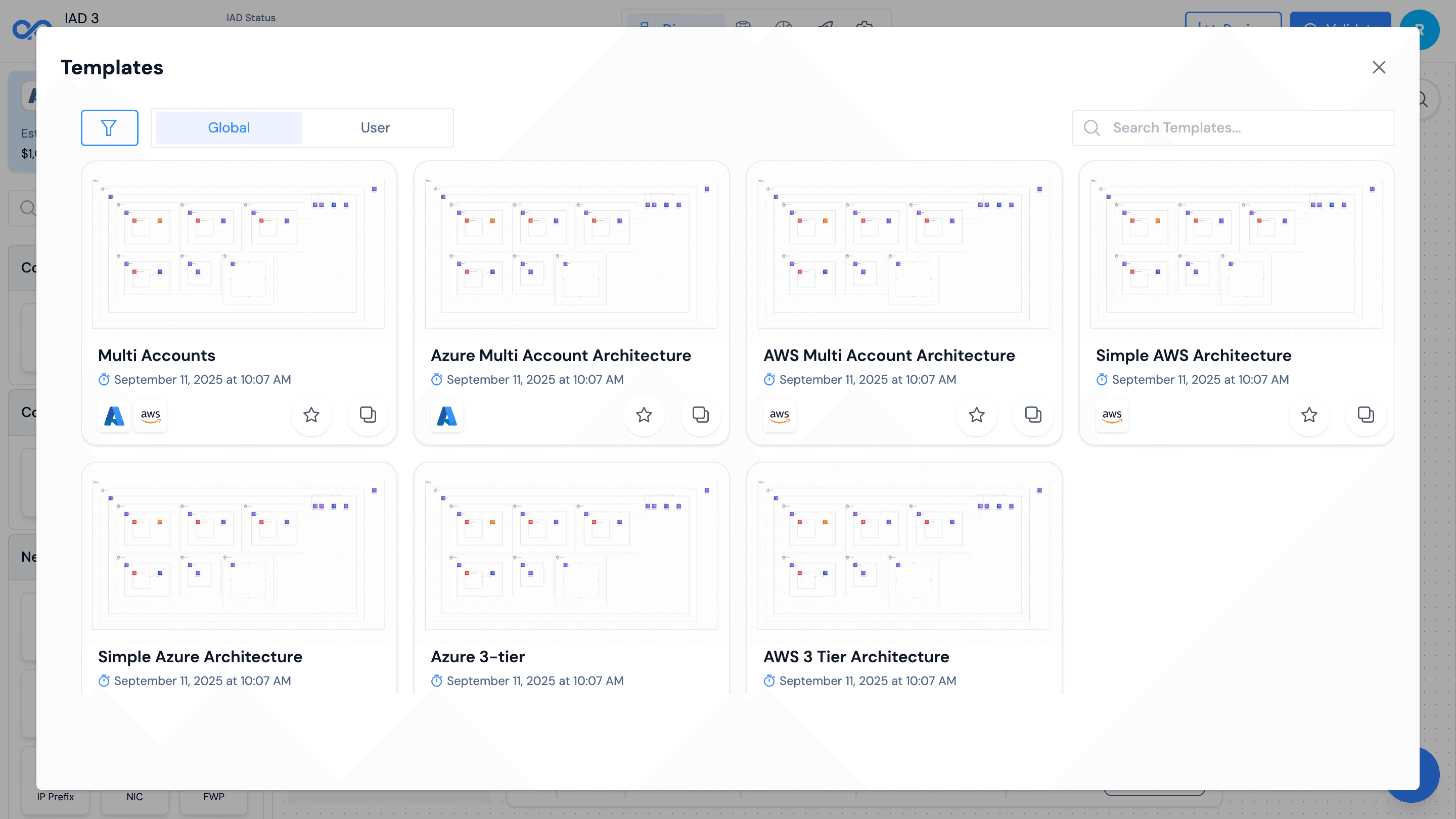List of global templates with previews showing Web App Stack, 3-Tier Architecture, and more