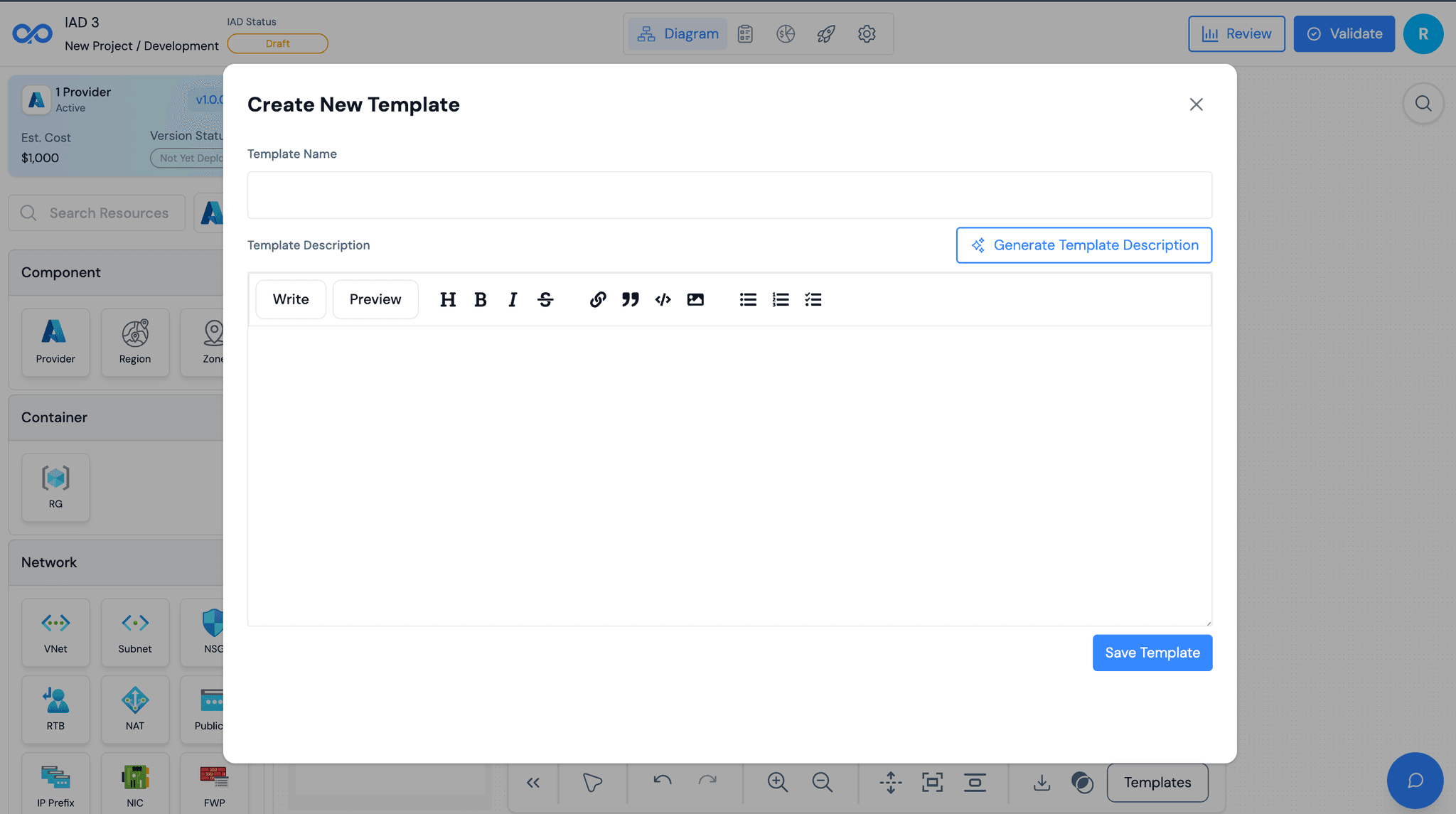 Save Template form showing template name, description, and save options