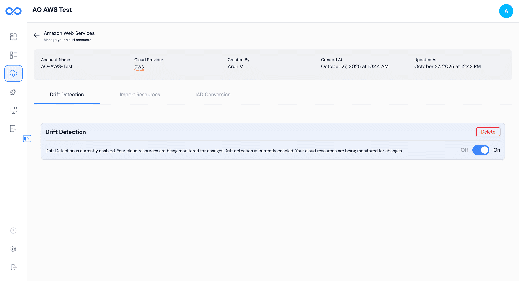 Enable page showing drift detection toggle switches and configuration options