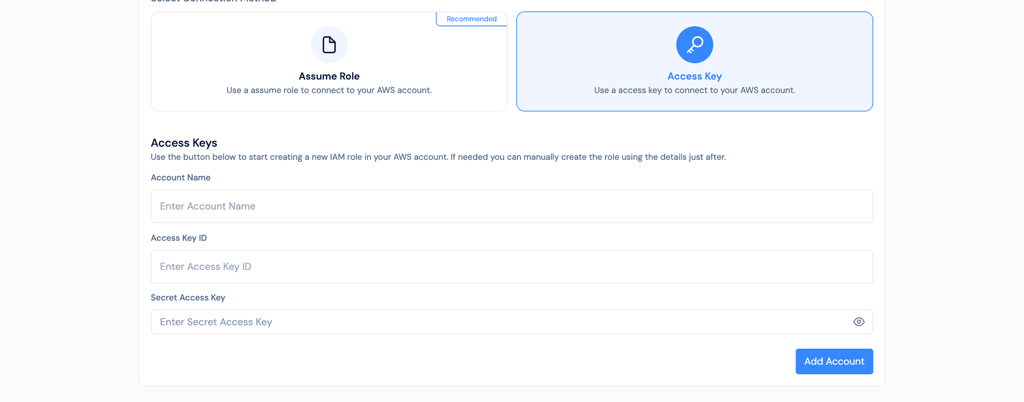AWS authentication form showing Access Key and Assumed Role options