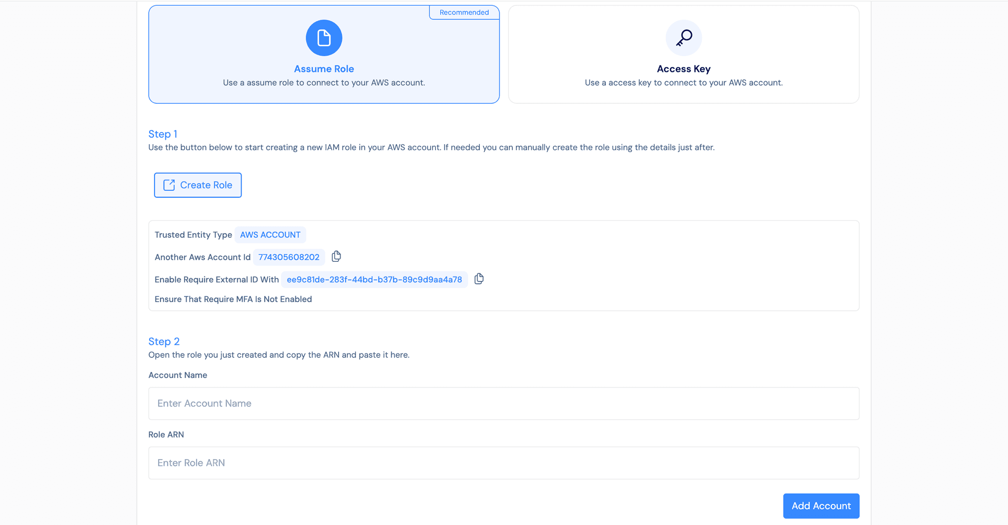 AWS authentication form showing Access Key and Assumed Role options