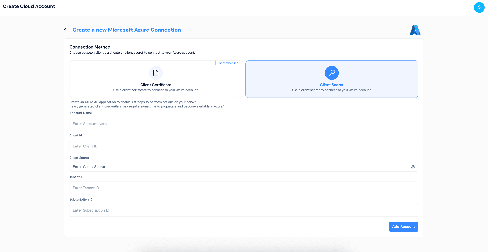 AWS authentication form showing Access Key and Assumed Role options