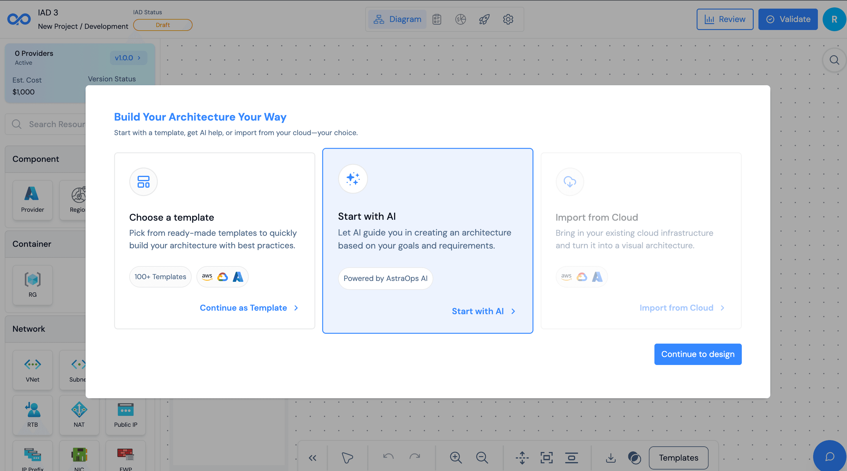 Visual design canvas showing drag-and-drop interface, component library, and architecture design tools