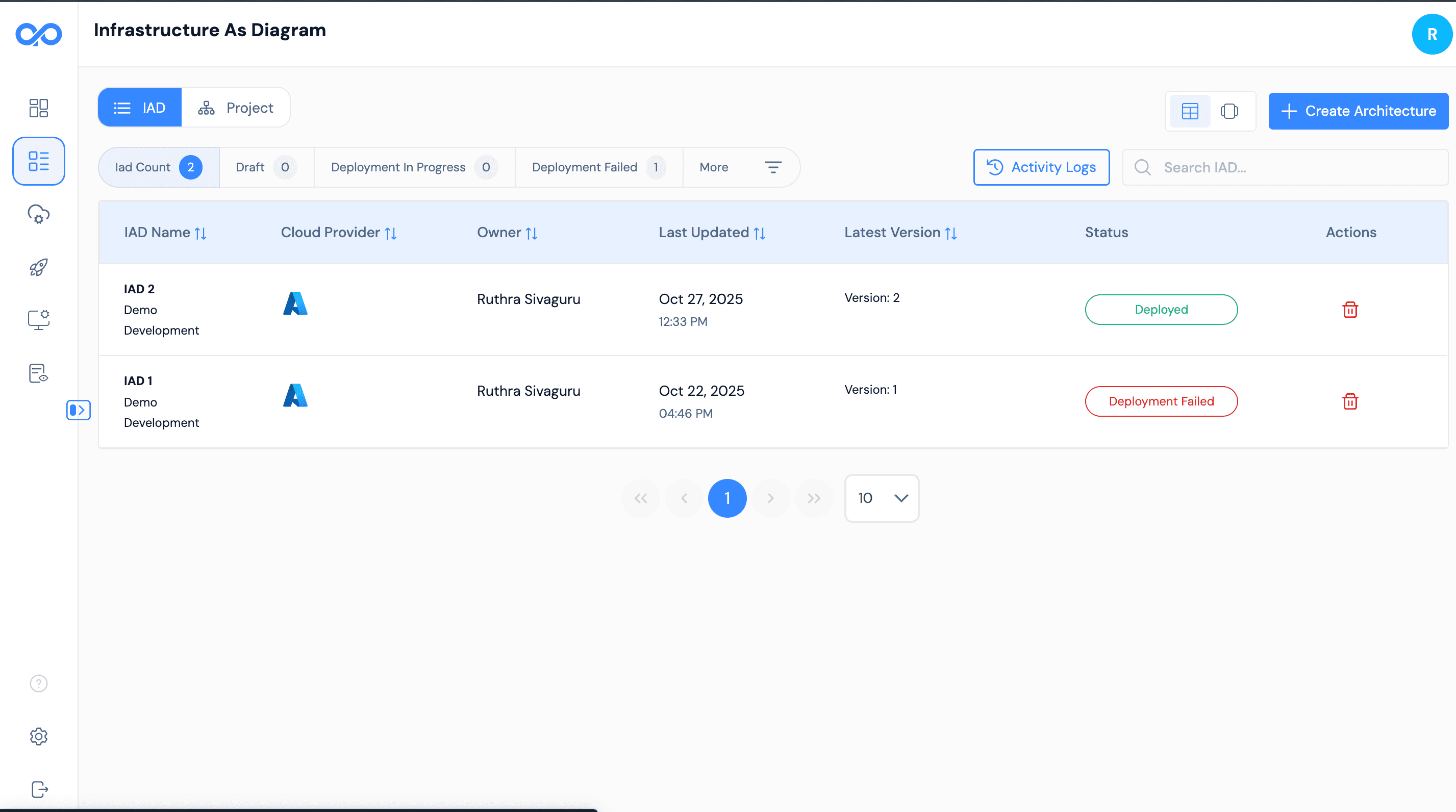 Create architecture interface showing project selection and environment configuration