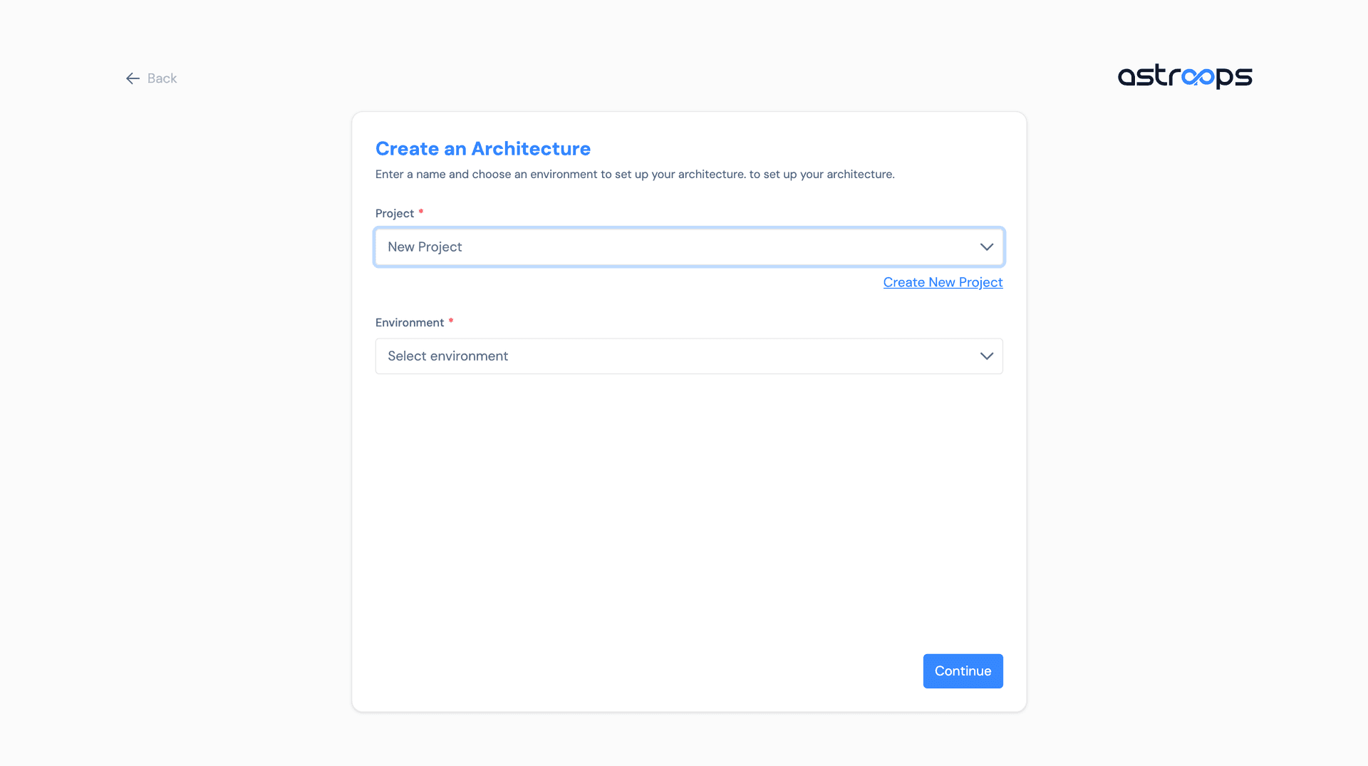 Architecture setup interface showing project name, environment, and cloud account configuration