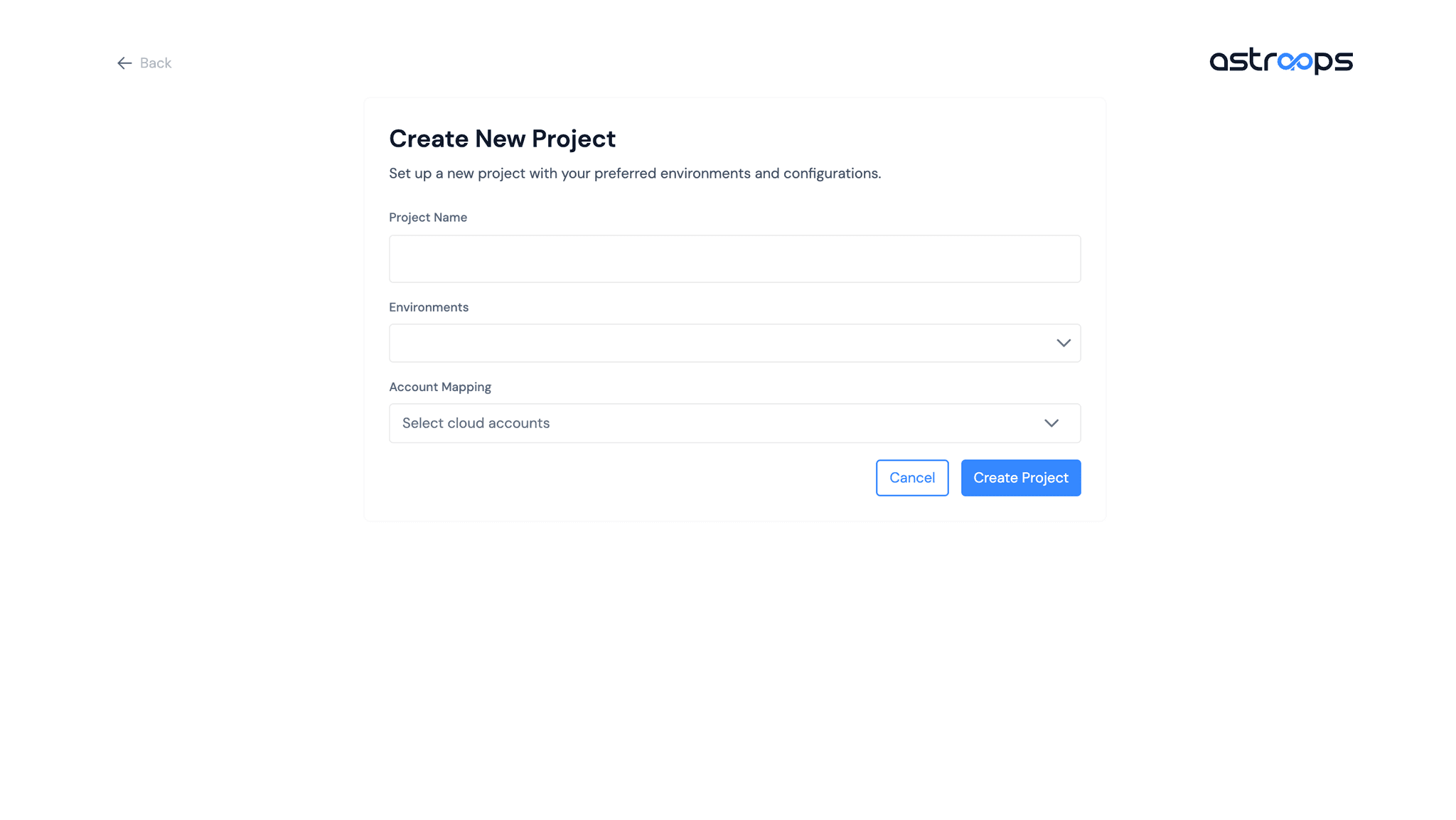 Project setup form showing project name, environment, and cloud account configuration options