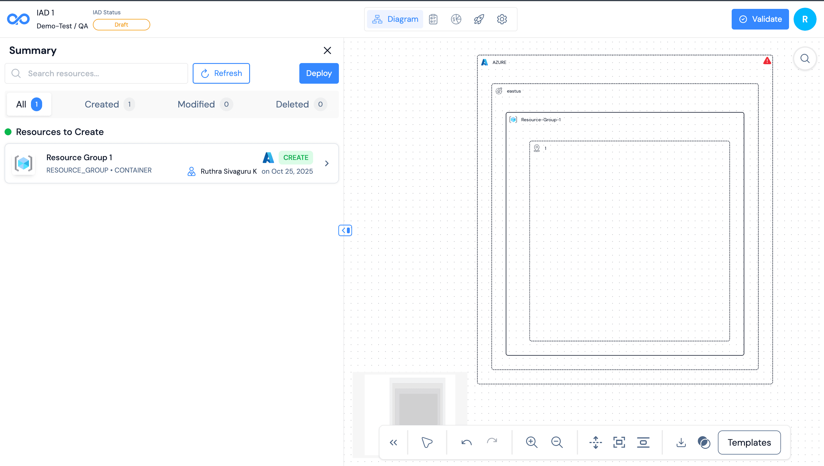 Deployment summary page showing architecture preview, validation checks, and cost estimate