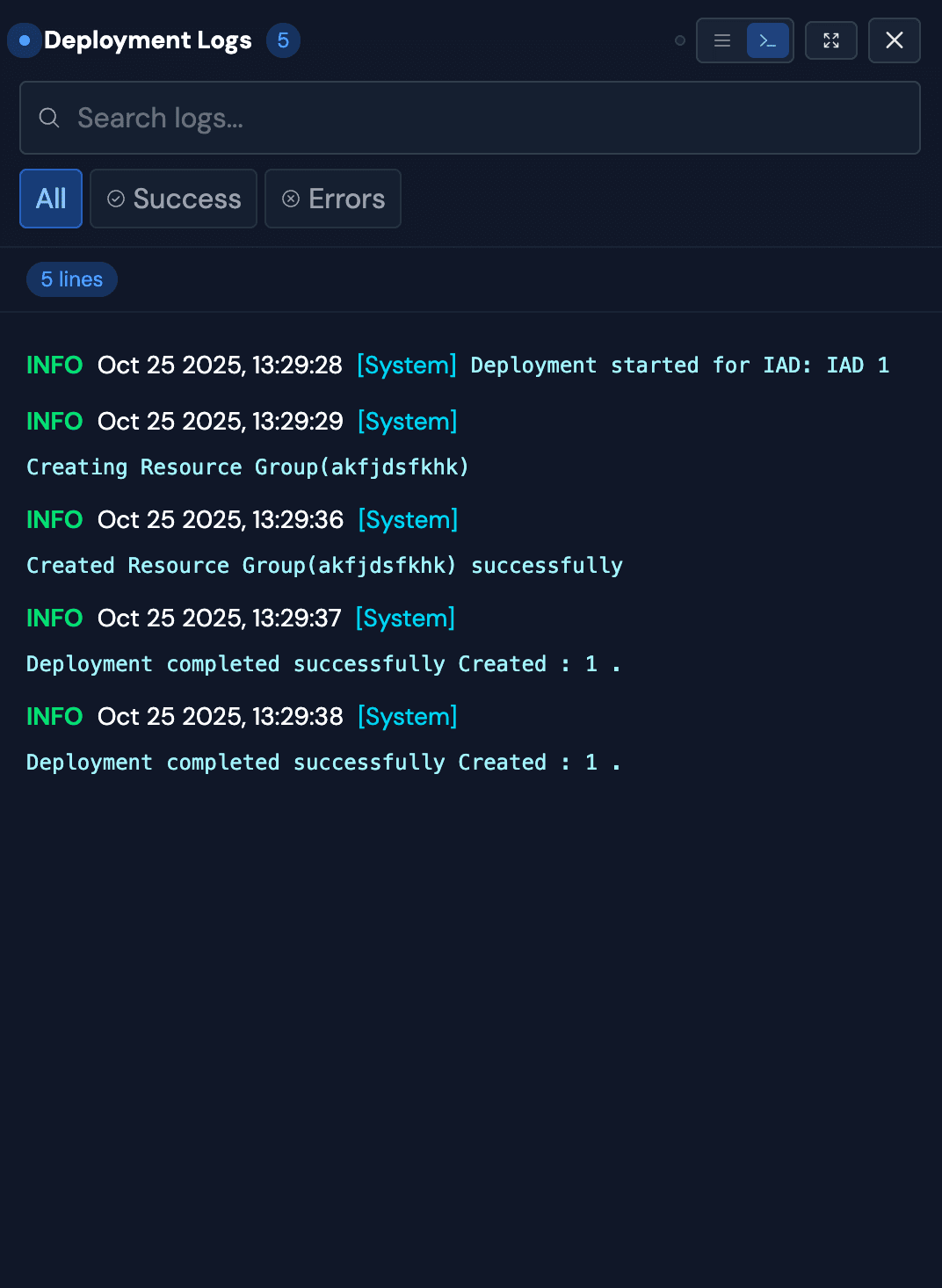 Deployment logs panel showing timestamped events and API calls
