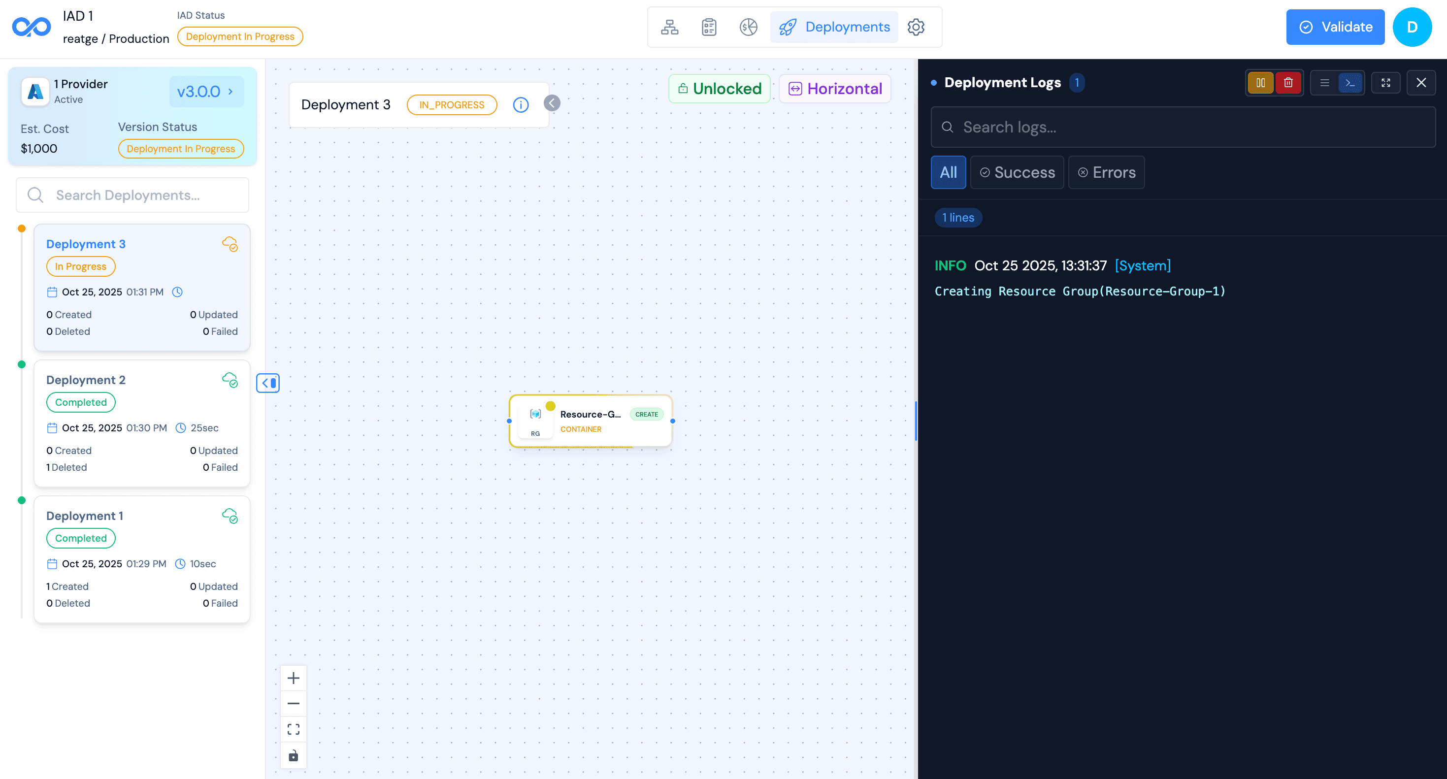 Real-time deployment view showing resource creation progress with status indicators