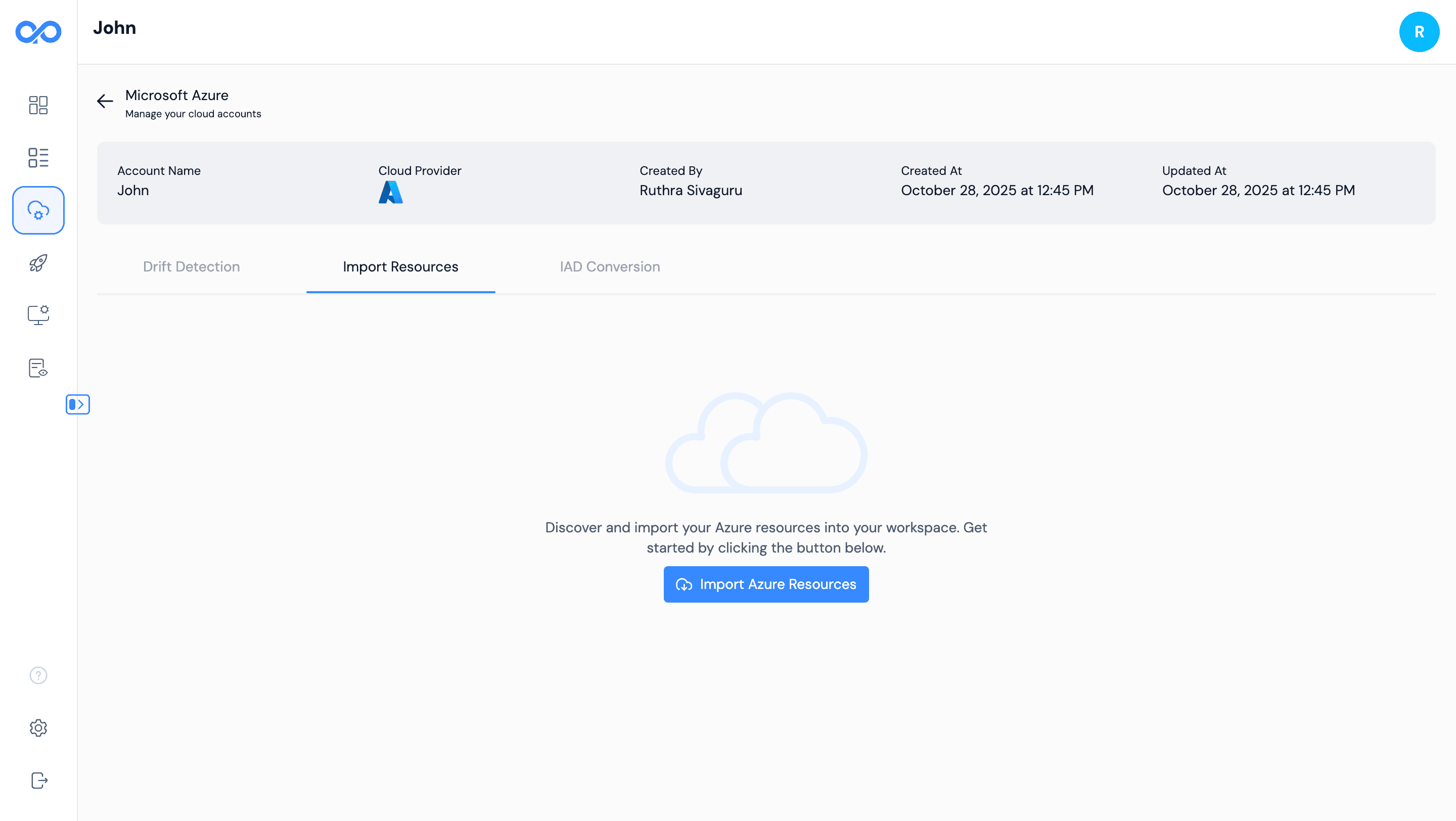 Import resources section in AstraOps showing navigation to import functionality
