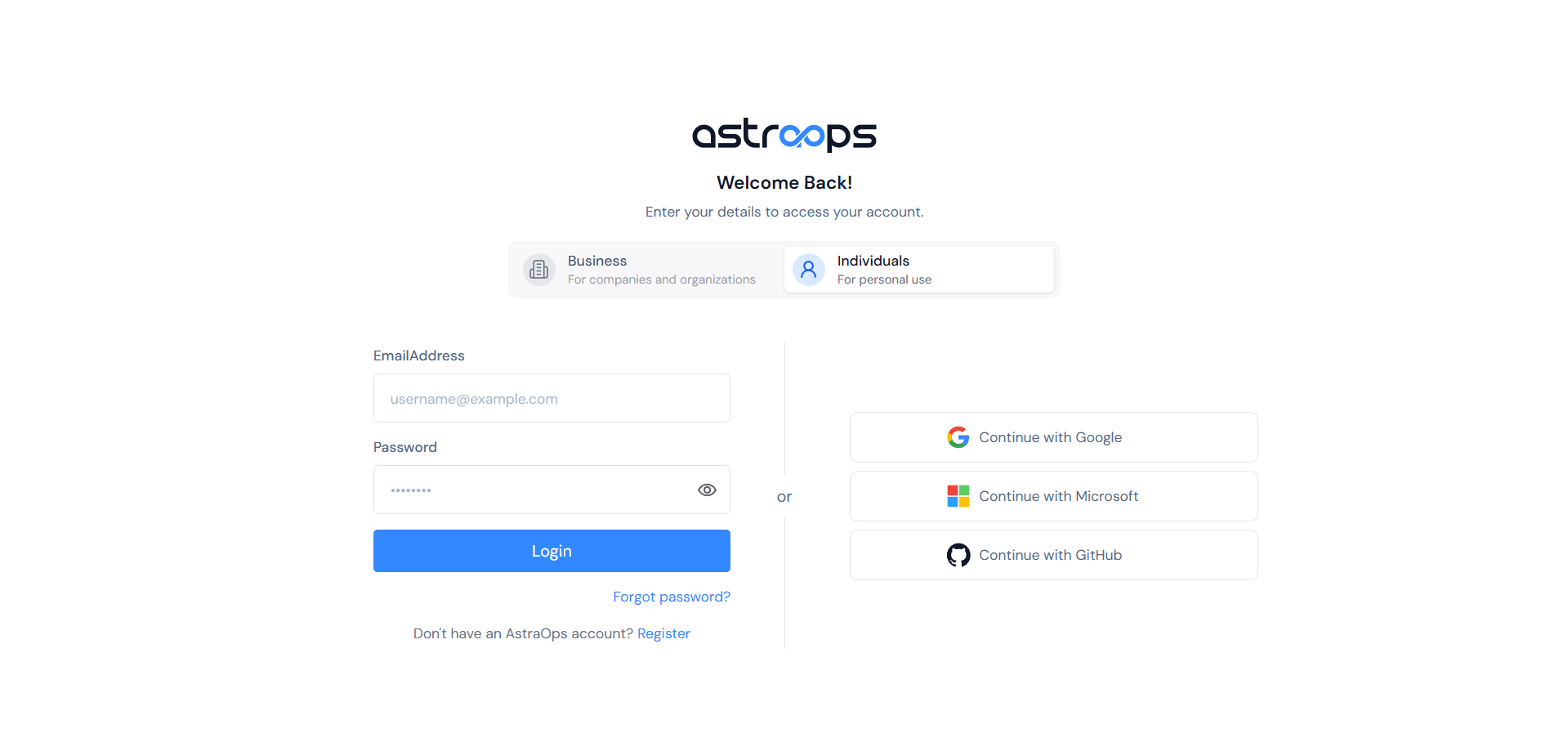 AstraOps registration page showing Google, Microsoft, GitHub, and Email sign-up options